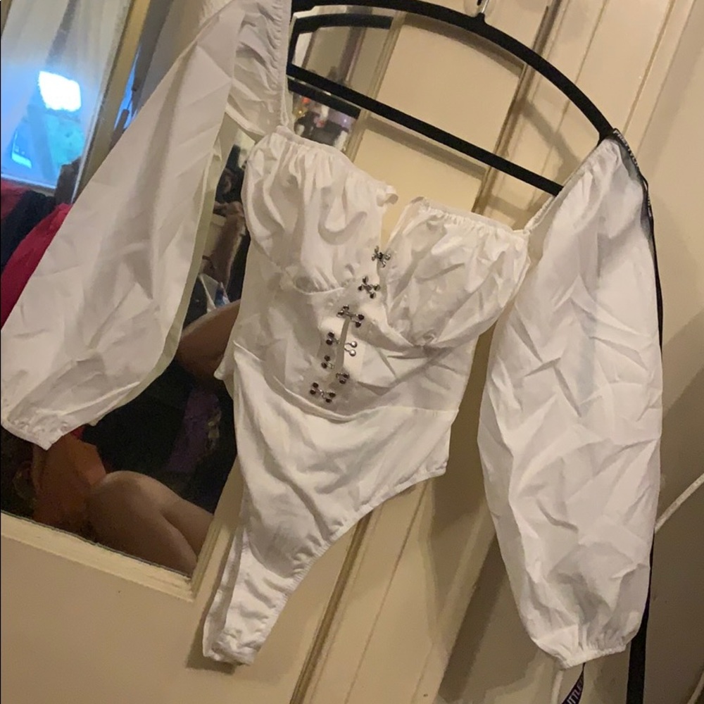 White metal hook off shoulder bodysuit